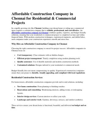 Affordable Construction Company in Chennai for Residential