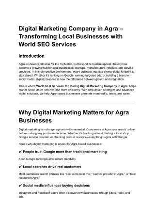 Digital Marketing Company in Agra – Transforming Local Businesses with World SEO Services