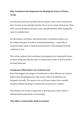 Why Townhouse Developments Are Shaping the Future of Urban Living