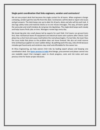 Single point coordination that links engineers, vendors and contractors