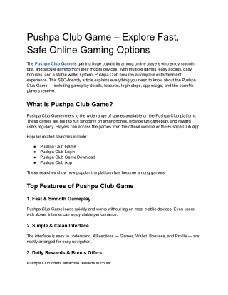 Pushpa Club Game – Explore Fast, Safe Online Gaming Options