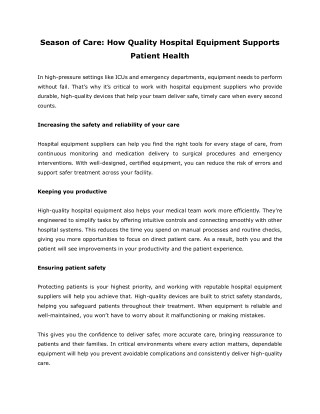 Season of Care- How Quality Hospital Equipment Supports Patient Health