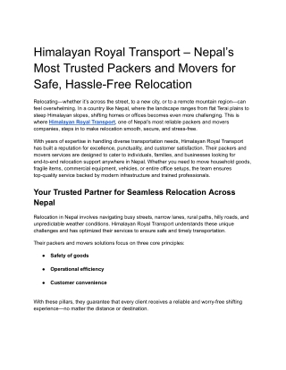 Reliable Packers and Movers in Nepal – Himalayan Royal Transport