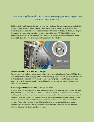 The Expanding Necessity for an Industrial Employment of Duplex and Stainless