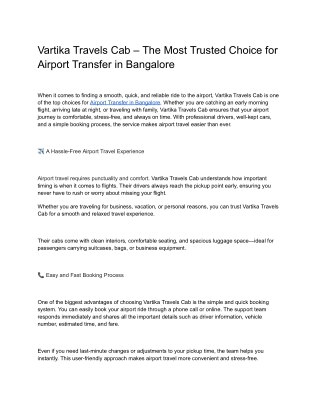 Vartika Travels Cab – The Most Trusted Choice for Airport Transfer in Bangalore
