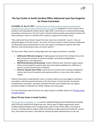 The Eye Center in South Carolina Offers Advanced Laser Eye Surgeries for Vision Correction