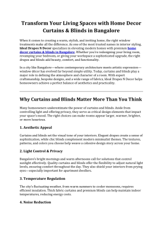 Transform Your Living Spaces with Home Decor Curtains & Blinds in Bangalore