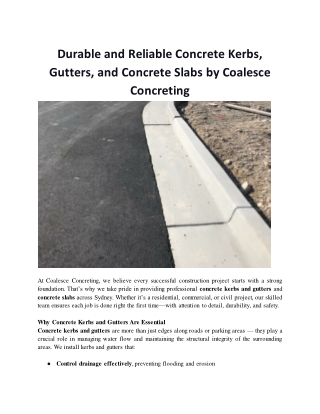 Durable and Reliable Concrete Kerbs, Gutters, and Concrete Slabs by Coalesce Concreting