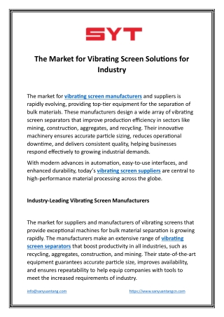 The Market for Vibrating Screen Solutions for Industry