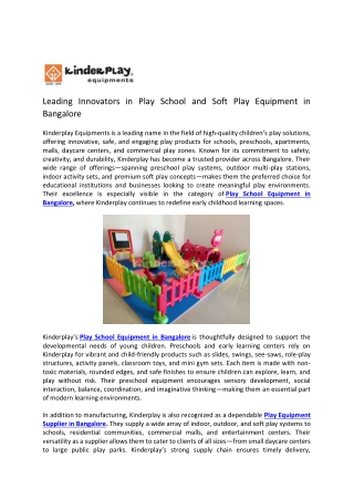 Leading Innovators in Play School and Soft Play Equipment in Bangalore