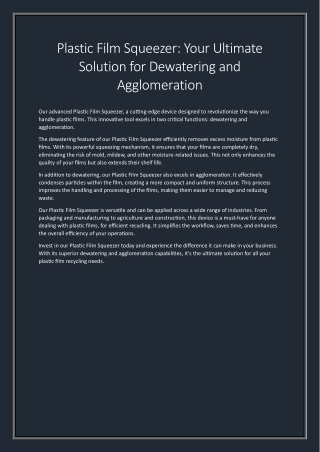 Plastic Film Squeezer - Your Ultimate Solution for Dewatering and Agglomeration