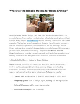 Where to Find Reliable Movers for House Shifting