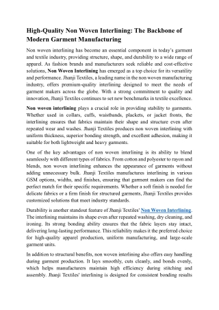 High-Quality Non Woven Interlining - The Backbone of Modern Garment Manufacturing