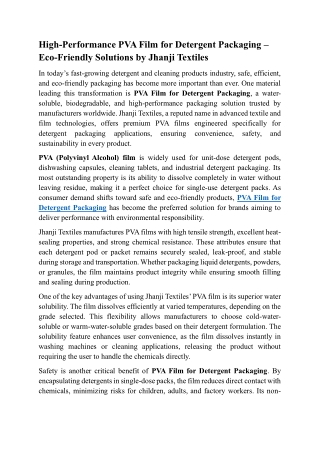 High-Performance PVA Film for Detergent Packaging – Eco-Friendly Solutions by Jhanji Textiles