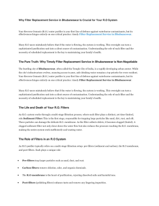 Why Filter Replacement Service in Bhubaneswar Is Crucial for Your R.O System