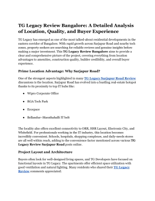 TG Legacy Review Bangalore_ A Detailed Analysis of Location, Quality, and Buyer Experience