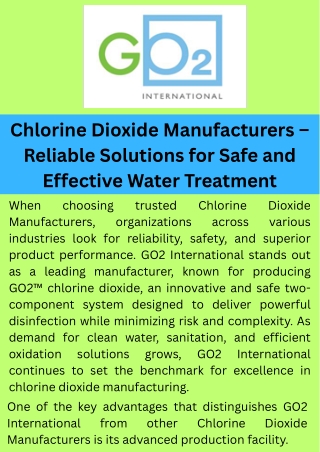 Chlorine Dioxide Manufacturers – Reliable Solutions for Safe and Effective Water