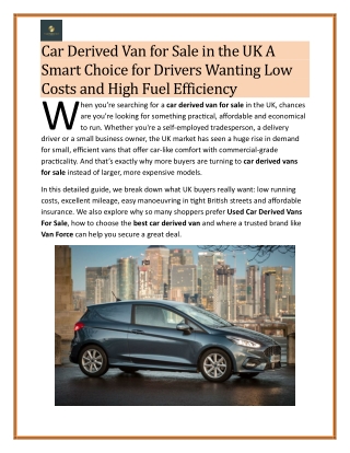 Car Derived Van for Sale in the UK A Smart Choice for Drivers Wanting Low Costs and High Fuel Efficiency