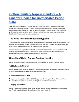 Cotton Sanitary Napkin in Indore – A Smarter Choice for Comfortable Period Care