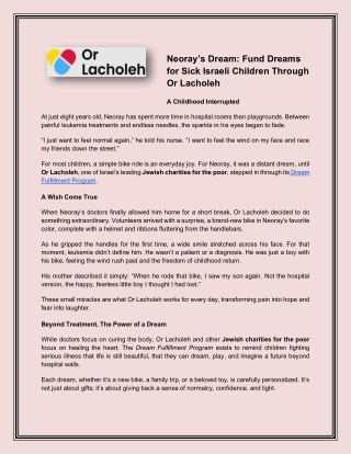 Neoray’s Dream Fund Dreams for Sick Israeli Children Through Or Lacholeh