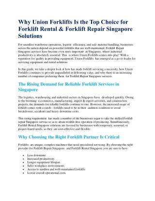 Why Union Forklifts Is the Preferred Solution for Forklift Repair Singapore
