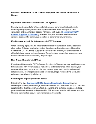 Reliable Commercial CCTV Camera Suppliers in Chennai for Offices & Shops