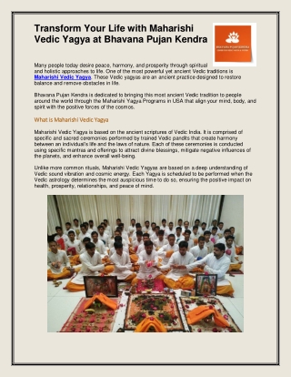 Transform Your Life with Maharishi Vedic Yagya at Bhavana Pujan Kendra
