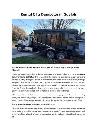 Rental Of a Dumpster in Guelph