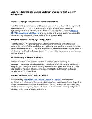 Leading Industrial CCTV Camera Dealers in Chennai for High-Security Surveillance