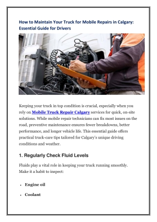 How to Maintain Your Truck for Mobile Repairs in Calgary- Essential Guide for Drivers