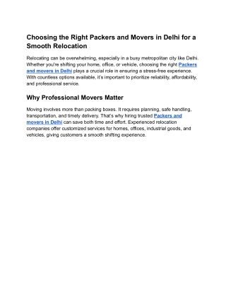 Choosing the Right Packers and Movers in Delhi for a Smooth Relocation