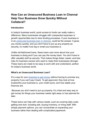 How Can an Unsecured Business Loan in Chennai Help Your Business Grow Quickly Without Collateral