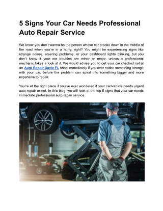 5  Signs Your Car Needs Immediate Auto Repair