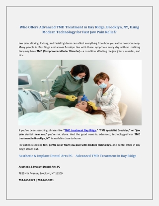 Who Offers Advanced TMD Treatment in Bay Ridge, Brooklyn, NY, Using Modern Technology for Fast Jaw Pain Relief