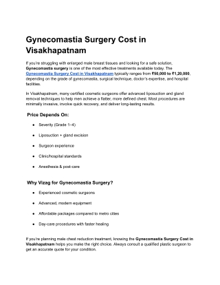 Gynecomastia Surgery Cost in Visakhapatnam