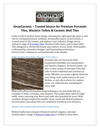 GrowCeramic – Trusted Source for Premium Porcelain Tiles, Western Toilets & Ceramic Wall Tiles