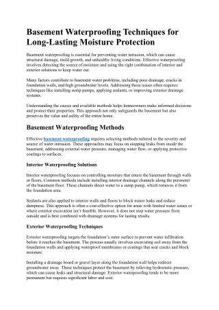 Basement Waterproofing Techniques for Long-Lasting Moisture Protection