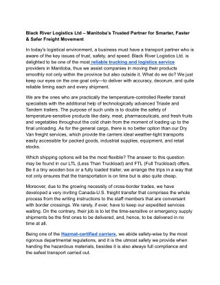 Black River Logistics Ltd – Manitoba’s Trusted Partner for Smarter, Faster & Safer Freight Movement