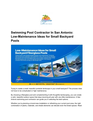 Swimming Pool Contractor In San Antonio- Low Maintenance Ideas for Small Backyard Pools