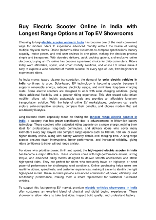 Buy Electric Scooter Online in India with Longest Range Options at Top EV Showrooms