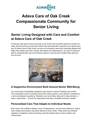 Adava Care of Oak Creek Compassionate Community for Senior Living