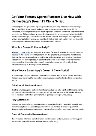 Get Your Fantasy Sports Platform Live Now with GamesDapp’s Dream11 Clone Script