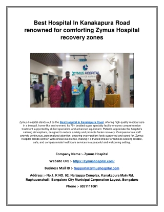 Best Hospital In Kanakapura Road renowned for comforting Zymus Hospital recovery zones