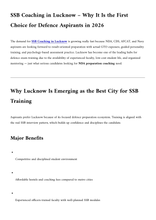 SSB Coaching in Lucknow – Why It Is the First Choice for Defence Aspirants in 2026