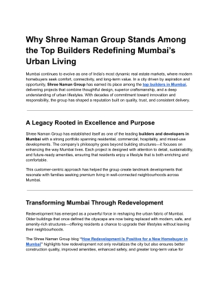 Why Shree Naman Group Stands Among the Top Builders Redefining Mumbai’s Urban Living