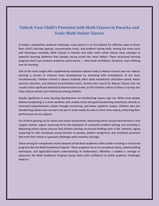 Unlock Your Child’s Potential with Math Classes in Dwarka and Vedic Math Online