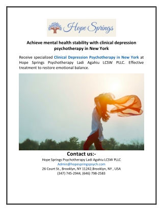 Achieve mental health stability with clinical depression psychotherapy in New Yo