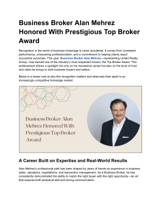 Business Broker Alan Mehrez Honored With Prestigious Top Broker Award