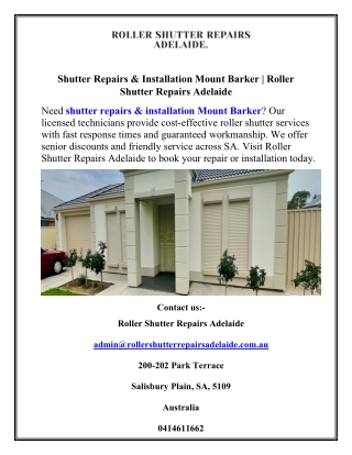 Shutter Repairs & Installation Mount Barker  Roller Shutter Repairs Adelaide