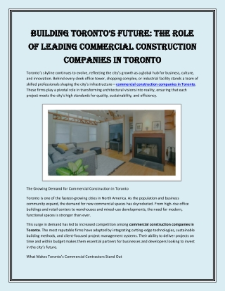 Building Toronto’s Future The Role of Leading Commercial Construction Companies in Toronto